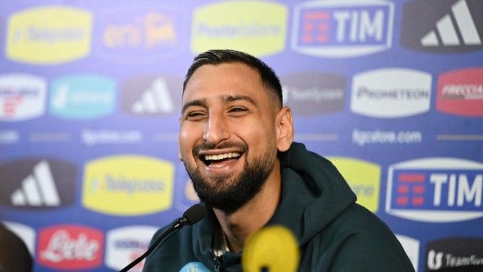 Gianluigi Donnarumma of Italy speaks to the media during an Italy press conference at BPER Training Centre in Appiano Gentile, Como, Italy, on November 16, 2024. (Photo by Tiziano Ballabio/NurPhoto via Getty Images)