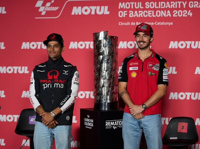 Jorge Martin (L) of Spain and Prima Pramac Racing Ducati and Francesco Pecco Bagnaia (R) of Italy and Ducati Lenovo Team during the press conference preview of the Motul Solidarity Grand Prix of Barcelona at Circuito de Jerez - Angel Nieto on April 29, 2023 in Jerez de la Frontera, Spain. (Photo by Jose Breton/Pics Action/NurPhoto via Getty Images)