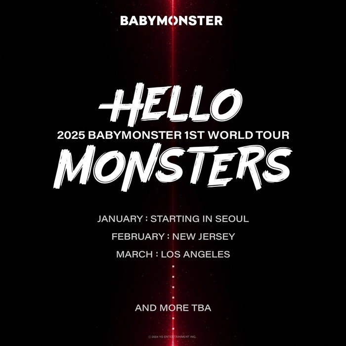 Poster pengumuman tur dunia BABYMONSTER HELLO MONSTERS.