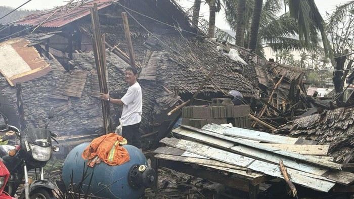 This photo provided by the MDRRMO Viga Catanduanes, shows damaged houses caused by Typhoon Man-yi in Viga, Catanduanes province, northeastern Philippines Sunday, Nov. 17, 2024. (MDRRMO Viga Catanduanes via AP)