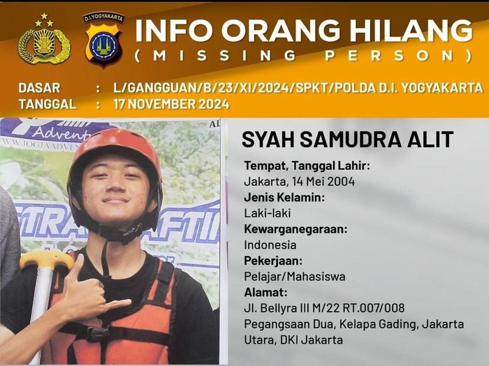 Informasi hilangnya Syah di akun Polda DIY. Foto diunggah Senin (18/11/2024).