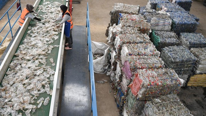 Mengintip Pabrik Daur Ulang Plastik di Samarinda Pekerja memilah botol plastik yang akan didaur ulang di kawasan Palaran, Samarinda, Kalimantan Timur, Senin (18/11/2024). Berdasarkan data dari Sistem Informasi Pengelolaan Sampah Nasional (SIPSN) tahun 2022, jumlah timbunan sampah di Kalimantan Timur telah mencapai lebih dari 791 ribu ton itu diharapkan fasilitas daur ulang yang dikelola Prevented Ocean Plastic Southeast Asia (PopSea) itu dapat mengumpulkan sekitar 9.600 metrik ton plastik polyethylene terephthalate (PET) setiap tahunnya. ANTARA FOTO/M Risyal Hidayat/Spt.
