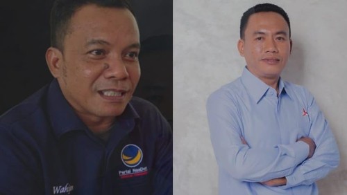Sekretaris Partai NasDem NTB Wahidjan Kepala Badan Pemenangan Pemilu Partai Demokrat NTB, Asrorul Hady (kanan).