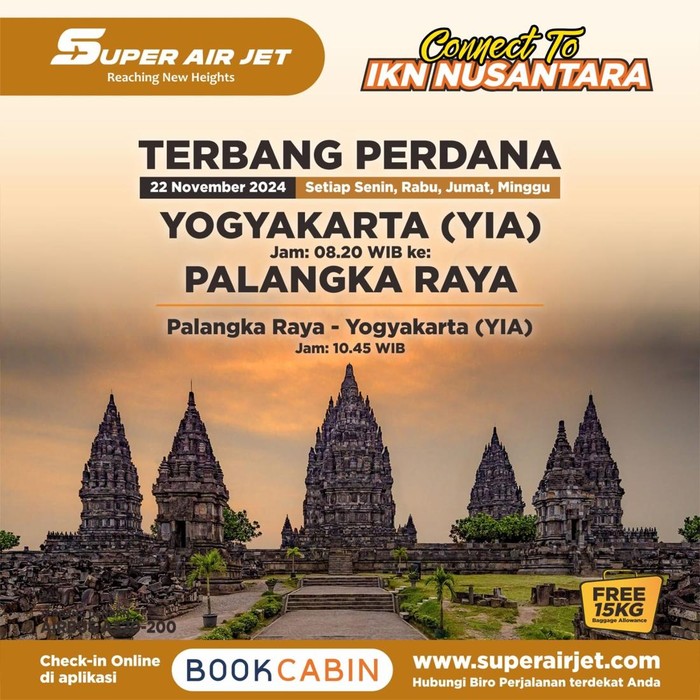 Pengumuman Super Air Jet mengenai pembukaan penerbangan langsung Jogja-Palangkaraya. Foto diunggah Senin (18/11/2024).