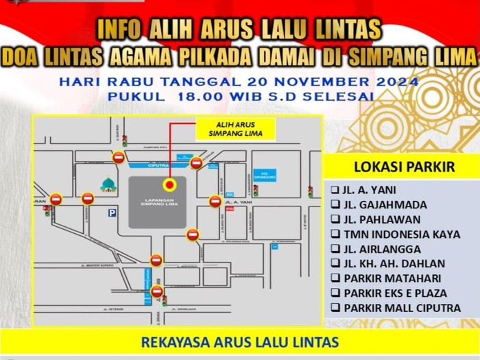 Info pengalihan arus lalu lintas di Simpang Lima Kota Semarang, Rabu (20/11/2024).