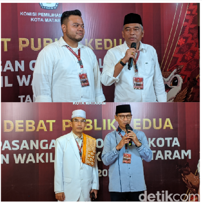 Lalu Aria Dharma-Weis Arqurnain dan Mohan Roliskana-Mujiburrahman saat konferensi pers seusai debat kedua Pilwakot Mataram, Senin (18/11/2024). (Ahmad Viqi/detikBali).