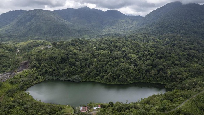 Foto udara Danau Lingkat di Lempur, Kerinci, Jambi, Senin (18/11/2024). Danau yang berada di kawasan Hutan Adat Lekuk 50 Tumbi Lempur tersebut merupakan salah satu potensi wisata setempat dengan kunjungan rata-rata per tahun mencapai 6 ribu orang. ANTARA FOTO/Wahdi Septiawan/foc.