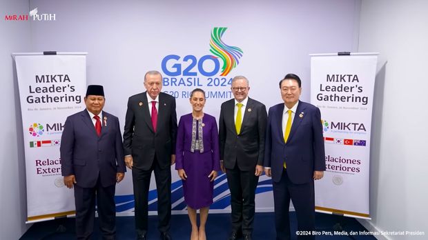 Presiden Prabowo Bertemu Para Pemimpin MIKTA di KTT G20 Brasil 2024, Rio de Janeiro,Senin (18/11/2024). (Tangkapan Layar Youtube Sekretariat Presiden)