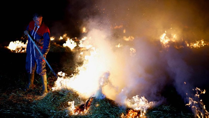 A French farmer burns straw in a field to protest against the prospect of a trade agreement between the European Union (EU) and the Latin American countries united within Mercosur, in Puyreaux, France, November 18, 2024.  REUTERS/Stephane Mahe 
     TPX IMAGES OF THE DAY