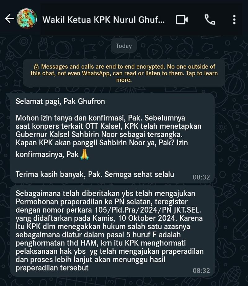 Tangkapan layar chat Ghufron soal Praperadilan Sahbirin Noor