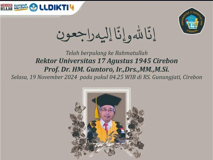 Unggahan kabar duka Rektor Untag Cirebon.
