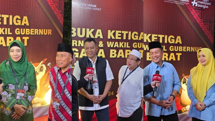 Kolase foto tiga paslon Pilgub NTB saat di Lombok Raya Hotel, Mataram, Rabu (20/11/2024) malam. (Helmy Akbar/detikBali)