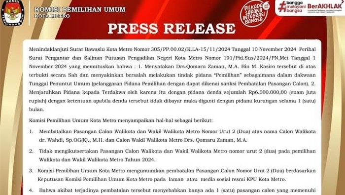 KPU Metro hapus postingan diskualifikasi pasangan calon Wahdi-Qomaru.
