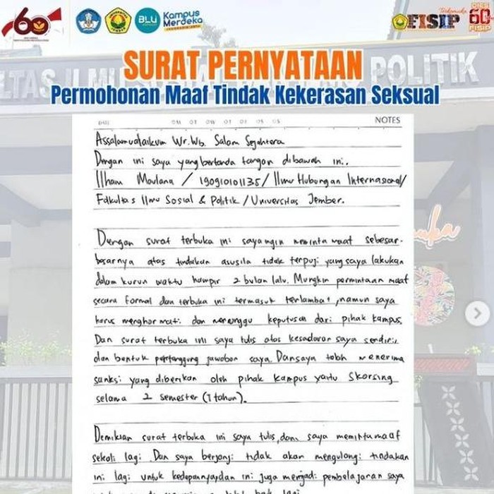 Permintaan maaf mahasiswa Unej yang viral minta foto bugil