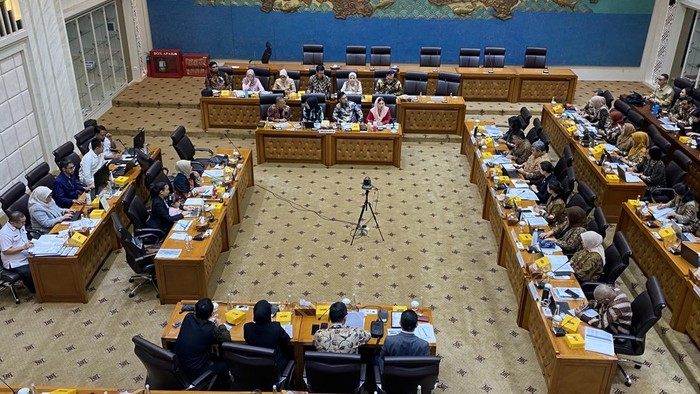 Wakil Ketua Komisi VII DPR Fraksi Gerindra, Rahayu Saraswati (Sara), turut membawa seorang putrinya yang masih balita selama rapat berjalan di ruang rapat Komisi VII DPR kompleks parlemen, Senayan, Jakarta, Rabu (20/11/2024).