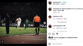 Bertarung bersama untuk tujuan kita bersama. Malam yang indah di GBK, sebut Thom Haye. Foto: X.com