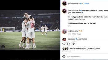 Caption Justin Hubner sepertinya paling gokil. Mereka berkata buruk soal namaku, jadi aku harus memberikan mereka sebuah pertunjukan. Aku sangat bangga dengan semua kerja keras dari tim dan dukungan dari tiap orang. Mengenai kartu merah, itu bagian dari pekerjaan, tulisnya. Foto: X.com