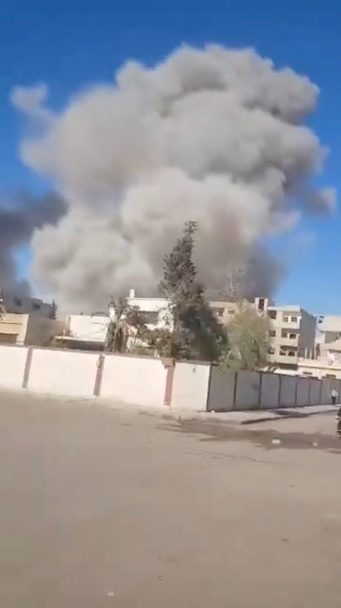 Smoke billows following an explosion after an attack on the historic city of Palmyra, Syria November 20, 2024, in this screengrab obtained from a social media video. via REUTERS  THIS IMAGE HAS BEEN SUPPLIED BY A THIRD PARTY. NO RESALES. NO ARCHIVES.