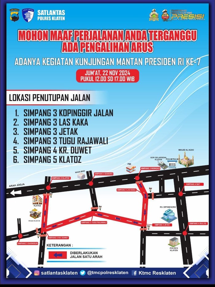 Flyer rekayasa lalu lintas kunjungan Presiden Ke-7 RI Jokowi di Klaten, besok Jumat (22/11/2024).