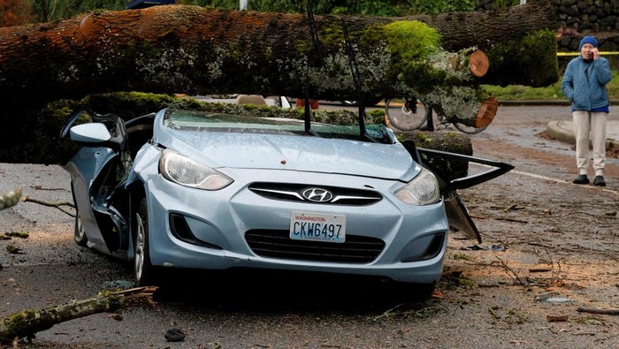 Mobil-mobil di Seattle Ini Ringsek Tertimpa Pohon A fallen tree sits atop a car after a powerful storm hit the U.S. Pacific Northwest and western Canada, causing power outages in Washington, Oregon, California, and British Columbia while wreaking havoc on road travel, in Seattle, Washington, U.S., November 20, 2024. REUTERS/David Ryder TPX IMAGES OF THE DAY