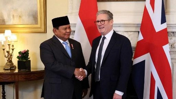 Britains Prime Minister Keir Starmer (R) shakes hands with Indonesias President Prabowo Subianto (L) inside 10 Downing Street, in central London, on November 21, 2024. (Photo by Mina Kim / POOL / AFP)