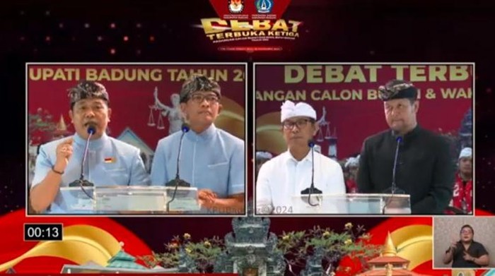 Debat ketiga Pilbup Badung 2024 yang berlangsung di The Trans Resort, Kerobokan, Badung, Bali, pada Jumat (21/11/2024). (Tangkapan layar Youtube KPU Badung)
