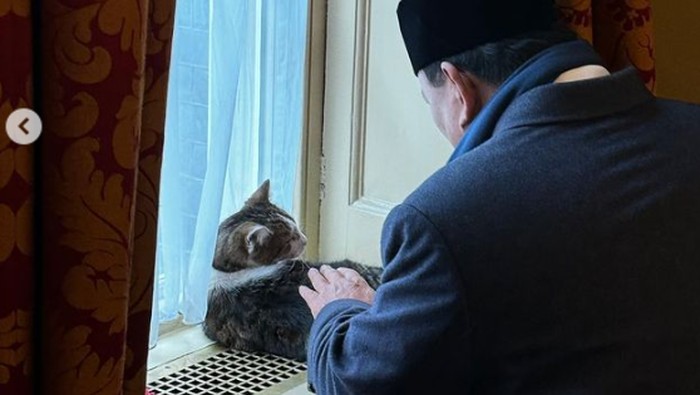 Momen Prabowo bertemu kucing paling tenar seantero Inggris, Larry the cat. Foto: Dok. Instagram @prabowo.
