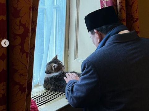 Momen Prabowo bertemu kucing paling tenar seantero Inggris, Larry the cat. Foto: Dok. Instagram @prabowo.
