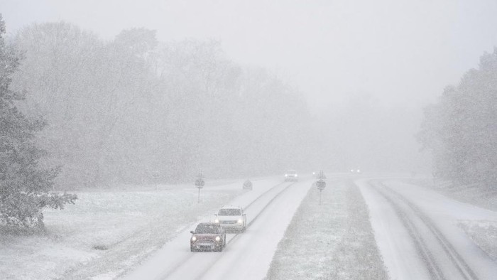 Cars drive along a snow-covered road in the forest of Fontainebleau, south of Paris, Thursday, Nov. 21, 2024. (AP Photo/Thibault Camus)