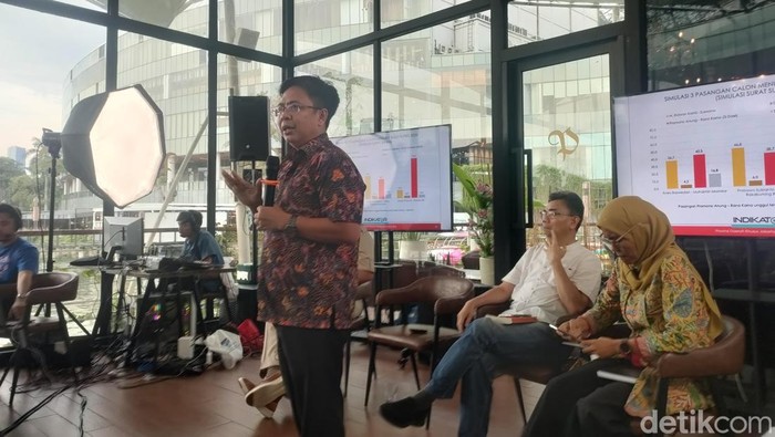 Survei Indikator Politik Indonesia merilis hasil survei elektabilitas calon gubernur dan calon wakil gubernur Pilkada Jakarta 2024. (Dwi R/detikcom)