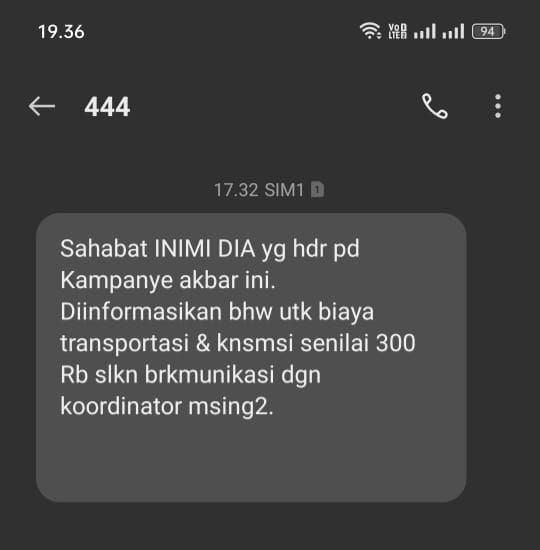 Tangkapan layar pesan beredar kampanye akbar INIMI DIA dibayar Rp 300 ribu.