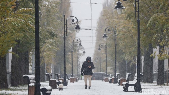 A worker cleans a street where cars are covered in snow amid the first snowfall, amid Russias attack on Ukraine, in Kyiv, Ukraine November 21, 2024. REUTERS/Gleb Garanich      TPX IMAGES OF THE DAY