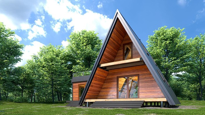 Exterior of A-frame house. 3d illustration