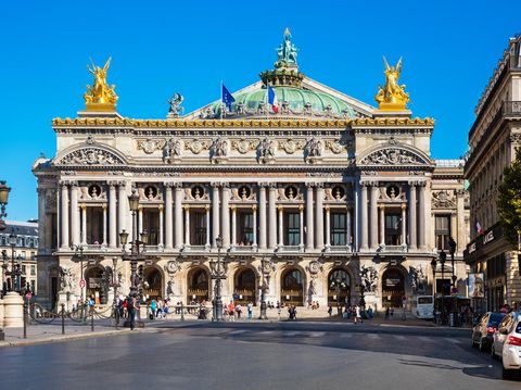 Paris, France - August 22, 2015: Front view of the Opera National de Paris with people. Grand Opera (Opera Garnier) is famous neo-baroque building in Paris. Designed by Charles Garnier in 1875.