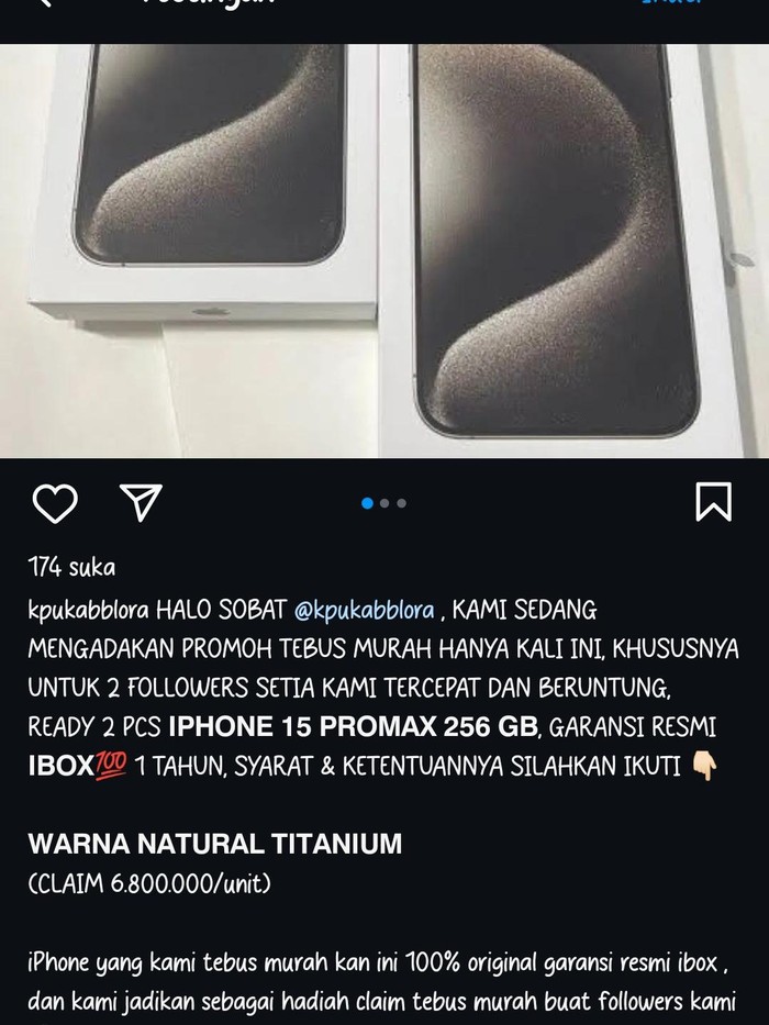 Penampakan akun IG KPU Blora yang diretas dan diganti promo iPhone murah. Foto diunggah Sabtu (23/11/2024).