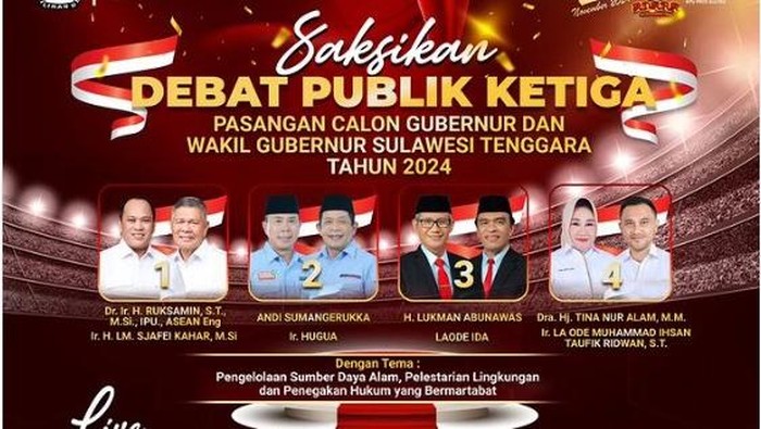 Debat ketiga pemilihan Gubernur dan Wakil Gubernur Provinsi Sulawesi Tenggara (Sultra) 2024 akan berlangsung hari ini.