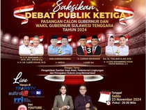 Debat Ketiga Pilgub Sulawesi Tenggara 2024 Tayang di Trans TV Hari Ini