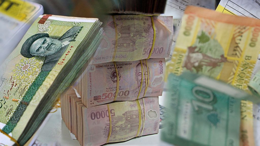 Foto Kolase Mata Uang Rial Iran, mata uang Vietnam Dong, Mata uang Lebanon, Lebanese Pound. (AP Photo)
