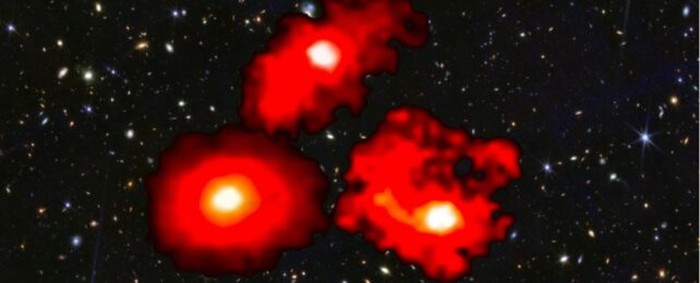 Gambar komposit yang menunjukkan pengamatan JWST terhadap tiga galaksi Monster Merah di Cosmic Dawn.