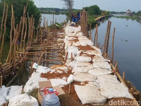 Gotong royong menambal tanggul jebol di Sungai Bremi, Kabupaten Pekalongan, Senin (25/11/2024) sore.