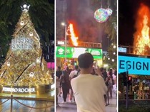 Kacau! Pohon Natal Cokelat Terbakar di Tengah Kota