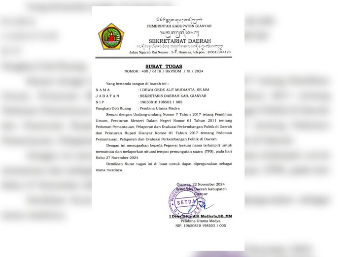 Surat tugas berkop Setda Gianyar yang diteken Sekda I Dewa Gede Alit Mudiarta yang meminta ASN memantau TPS pada Pilkada 2024.