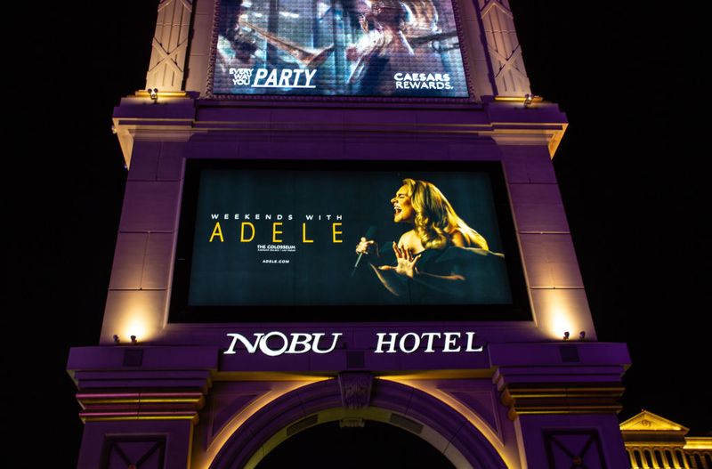 LAS VEGAS, NV - FEBRUARY 10:  The billboard promoting Weekends With Adele at Caesars Palace Hotel & Casino is viewed in the early morning hours on February 10, 2023 in Las Vegas, Nevada. Las Vegas will play host to the NFL's Super Bowl LVIII, taking place next year at the recently constructed Allegiant Stadium, home of the Las Vegas Raiders. (Photo by George Rose/Getty Images)
