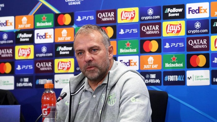 Hansi Flick attends the press conference before the UEFA Champions League match against Stade Brestois 29 in Barcelona, Spain, on November 25, 2024. (Photo by Joan Valls/Urbanandsport /NurPhoto via Getty Images)