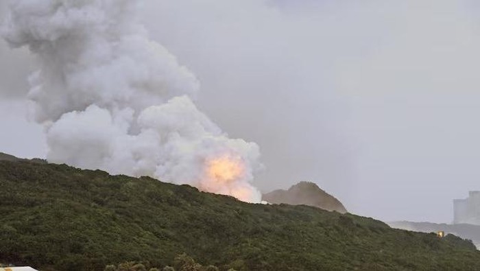 A fire that broke out during an engine combustion test of its Epsilon S rocket under development is seen at Tanegashima Space Center on the southwestern island of Tanegashima, Japan November 26, 2024, in this photo released by Kyodo. Mandatory credit Kyodo/via REUTERS Purchase Licensing Rights