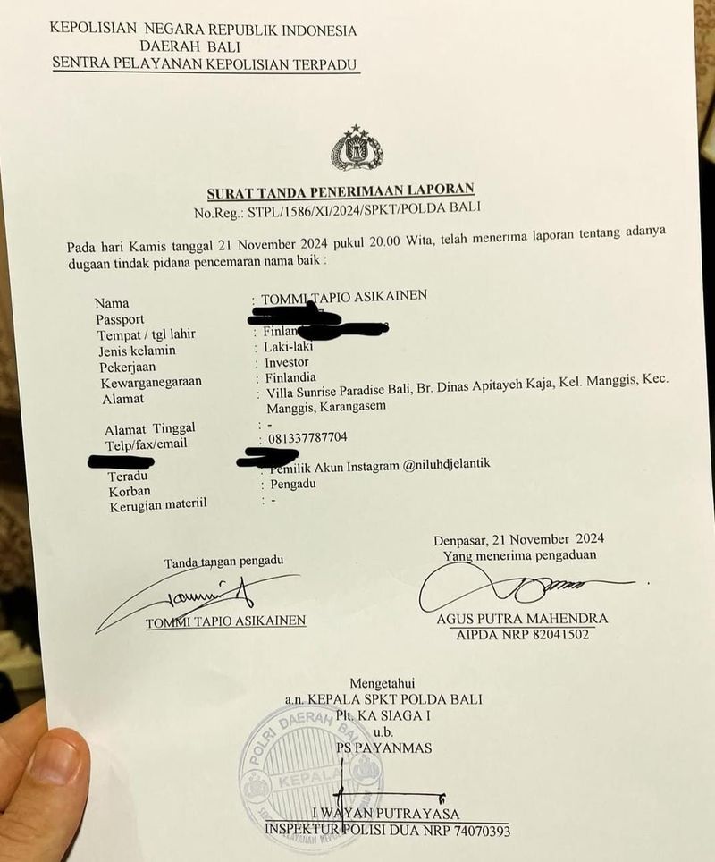 Surat pelaporan terhadap Anggota DPD RI Dapil Bali Ni Luh Djelantik ke polisi, Kamis (21/11/2024). (Tangkap layar media sosial).
