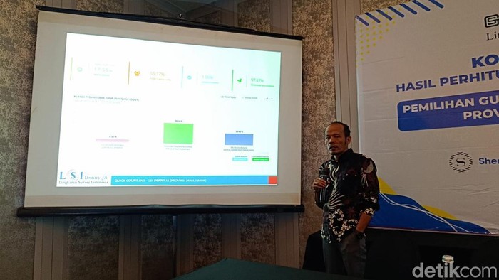 Konferensi pers hasil quick count SIGI LSI Denny JA untuk Pilgub Jatim 2024 di Surabaya.