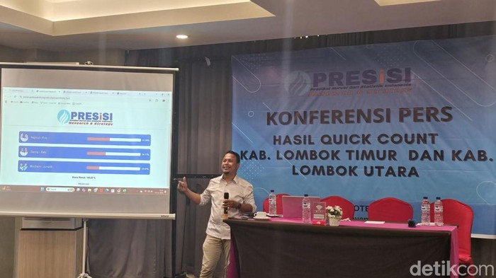 Manajer Riset PRESiSI Candra saat memaparkan hasil quick count di Fave Hotel Mataram pada Rabu (27/11/2024). (Helmy Akbar / detikBali)