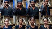 Foto kolase warga Suku Badui menunjukkan jari bertinta usai menggunakan hak pilihnya.