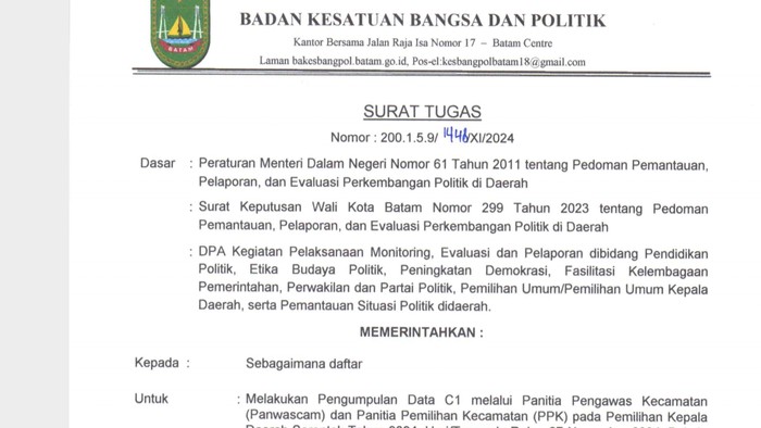 Tangkapan layar surat edaran dari Kesbangpol Batam. (Istimewa)